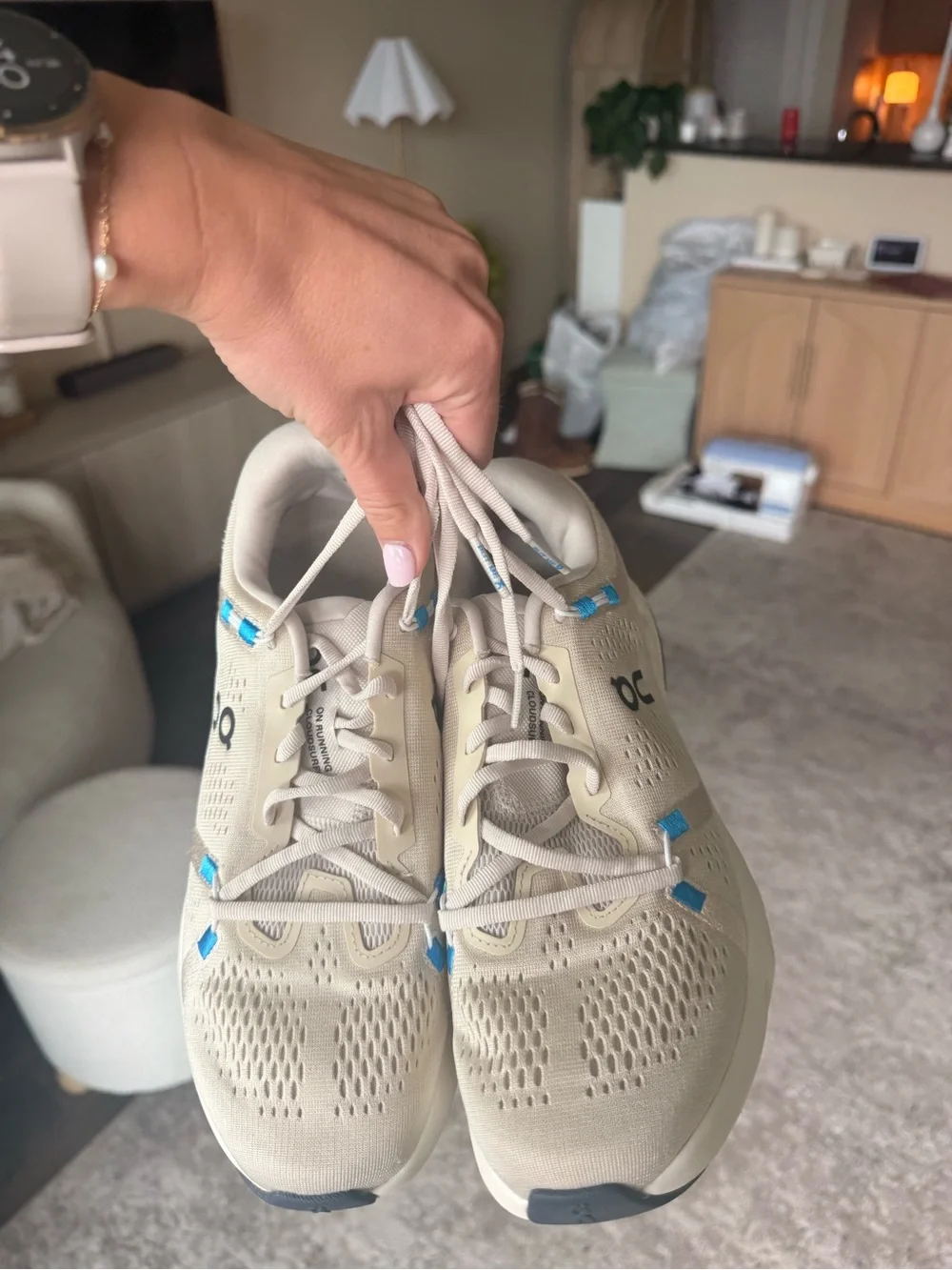 On Running Women's CloudSurfer Sand Beige Athletic Shoes with Blue Accents